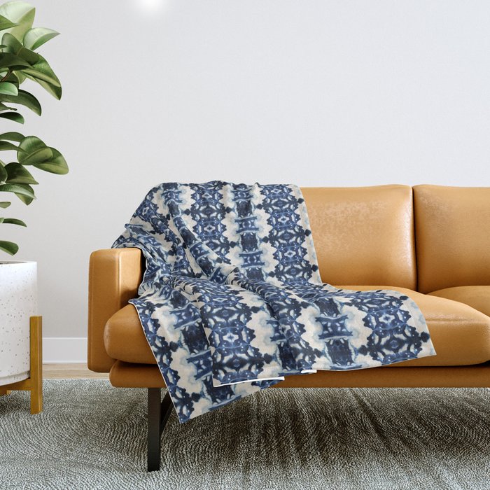 Ornate Blue and White Shibori Throw Blanket Gallery Image 1