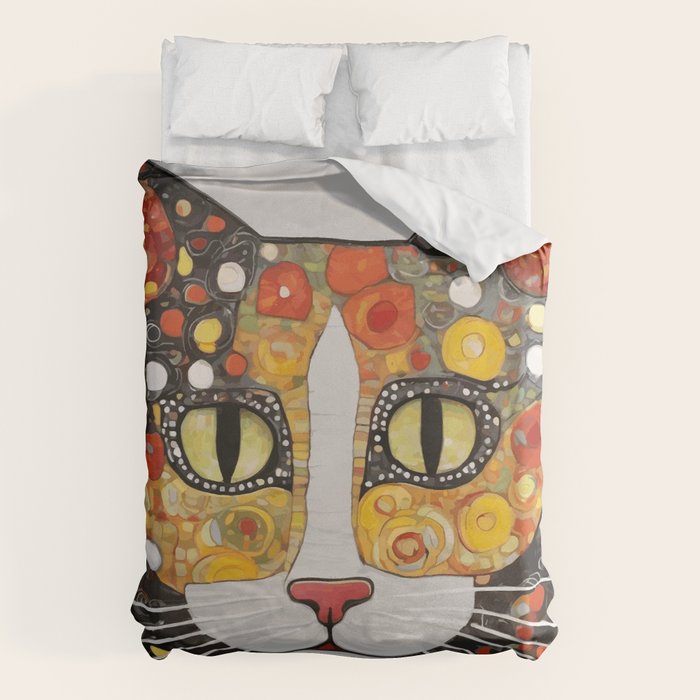 Gustav Klimt Style Cat with Magnificent Whiskers Duvet Cover Gallery Image 1