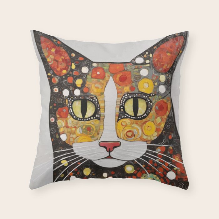 Gustav Klimt Style Cat with Magnificent Whiskers Throw Pillow Gallery Image 6
