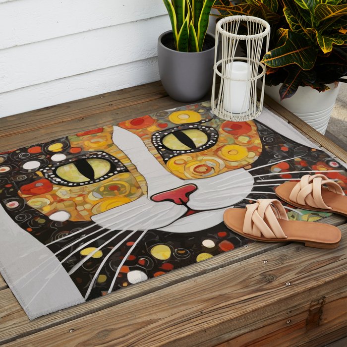 Gustav Klimt Style Cat with Magnificent Whiskers Outdoor Rug Gallery Image 2