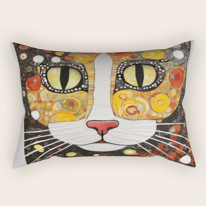 Gustav Klimt Style Cat with Magnificent Whiskers Rectangular Pillow Gallery Image 1