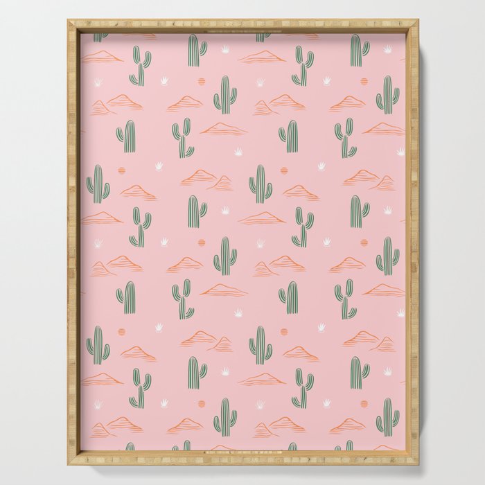 Retro hand drawn cactus plant pattern Serving Tray Gallery Image 1