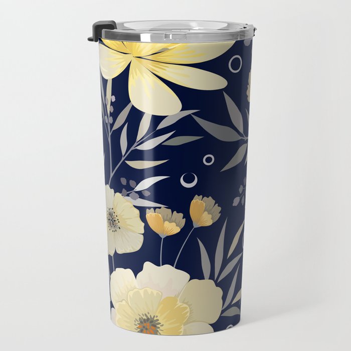 Modern, Boho, Floral Prints, Blue and Yellow Travel Mug Gallery Image 3