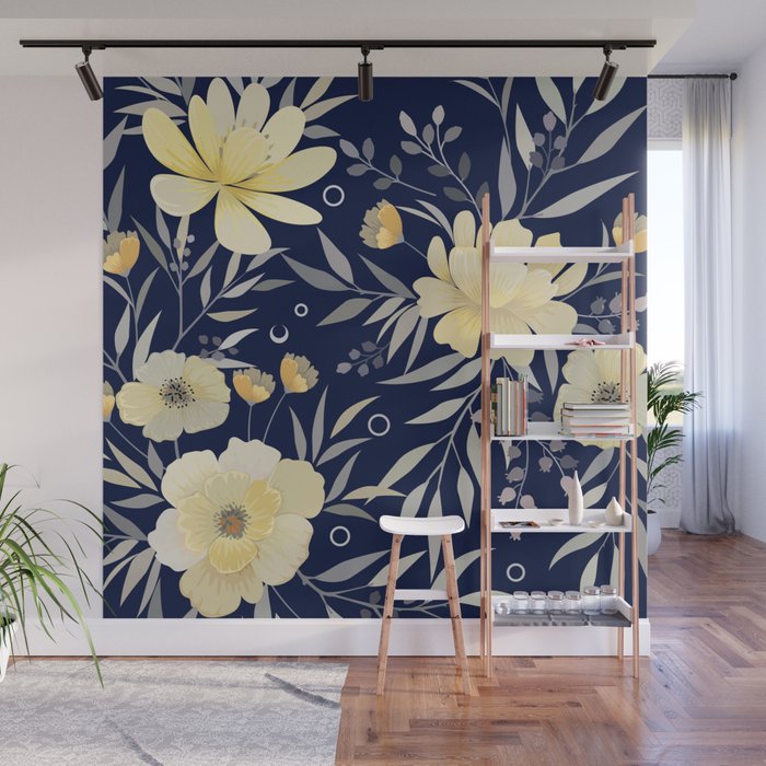 Modern, Boho, Floral Prints, Blue and Yellow Wall Mural Gallery Image 1
