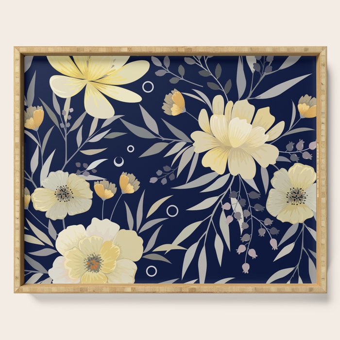 Modern, Boho, Floral Prints, Blue and Yellow Serving Tray Gallery Image 1