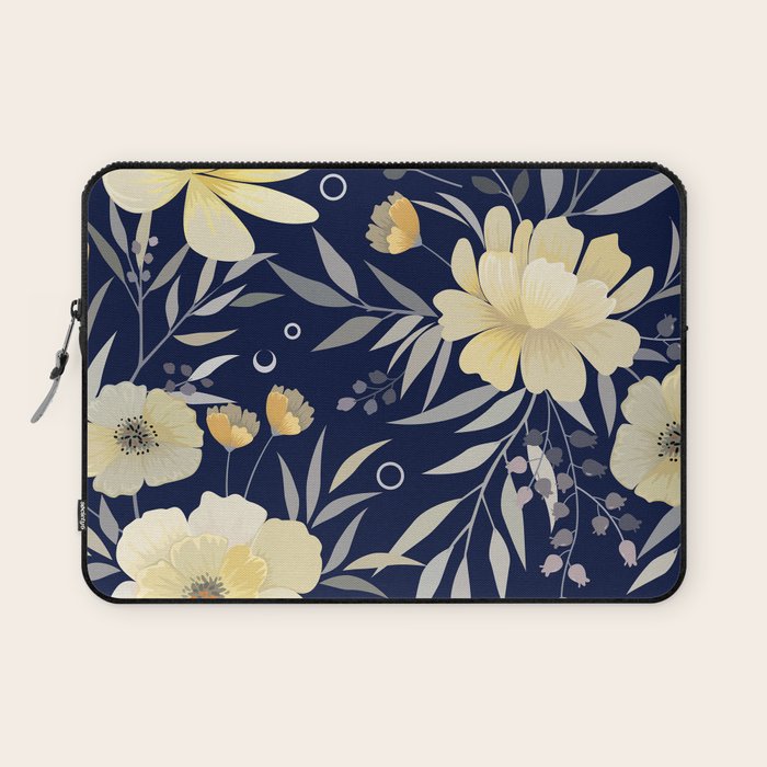 Modern, Boho, Floral Prints, Blue and Yellow Laptop Sleeve Gallery Image 1