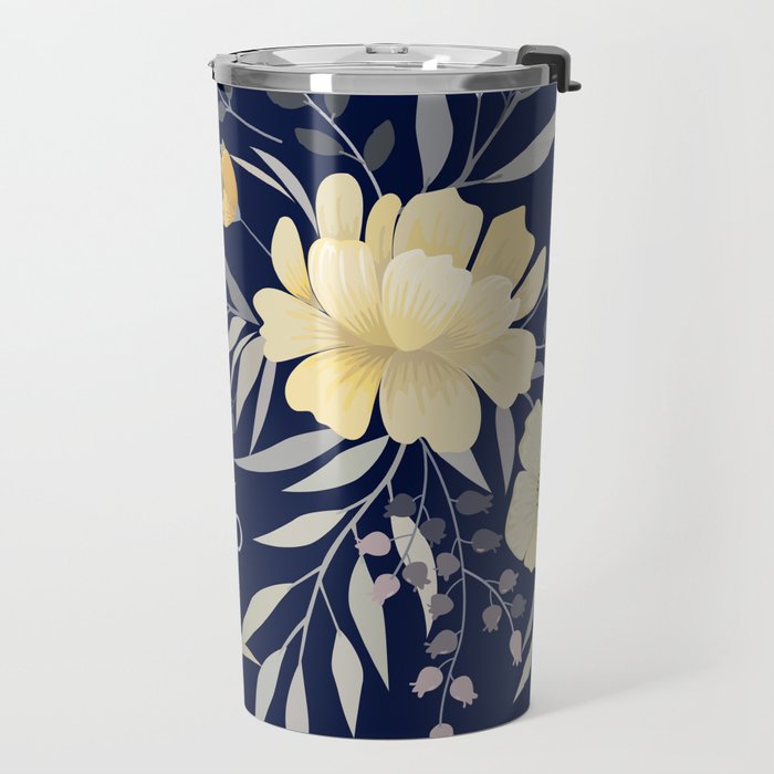 Modern, Boho, Floral Prints, Blue and Yellow Travel Mug Gallery Image 2