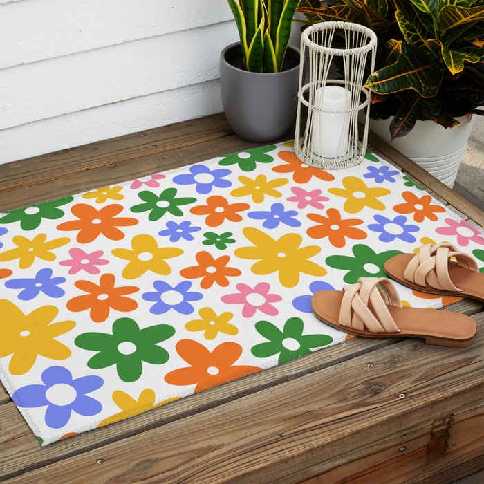 Colorful retro flower art pattern Outdoor Rug Gallery Image 2