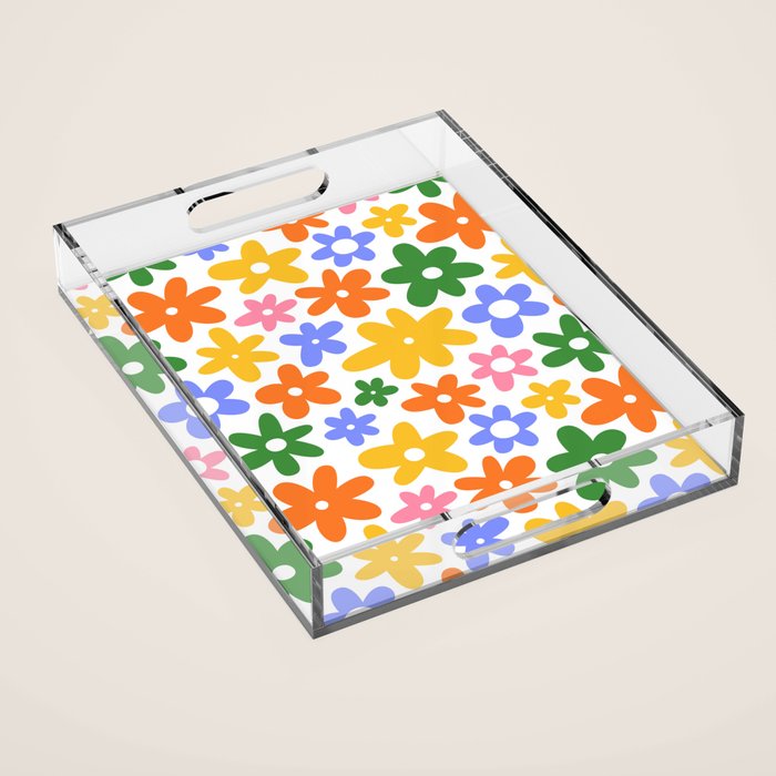 Colorful retro flower art pattern Acrylic Tray Gallery Image 1