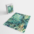 Tropical, Jungle, Palm Leaves, Watercolor Abstract, Blue and Green Jigsaw Puzzle Gallery Image 2