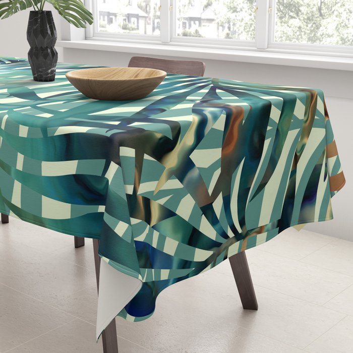 Tropical, Jungle, Palm Leaves, Watercolor Abstract, Blue and Green Tablecloth Gallery Image 3