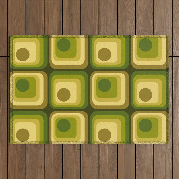 Retro 1970s Style Geometric Pattern in Gold Yellow and Avocado Green. Outdoor Rug Gallery Image 1
