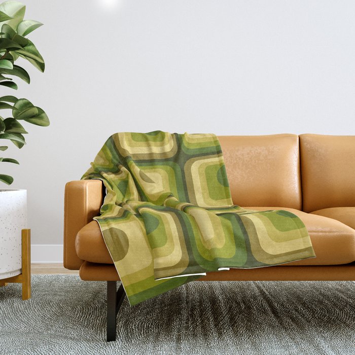 Retro 1970s Style Geometric Pattern in Gold Yellow and Avocado Green. Throw Blanket Gallery Image 1