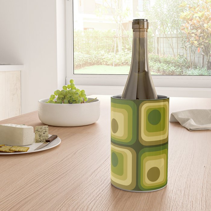 Retro 1970s Style Geometric Pattern in Gold Yellow and Avocado Green. Wine Chiller Gallery Image 4