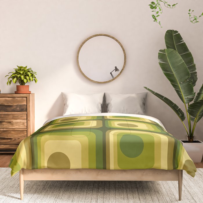 Retro 1970s Style Geometric Pattern in Gold Yellow and Avocado Green. Comforter Gallery Image 3