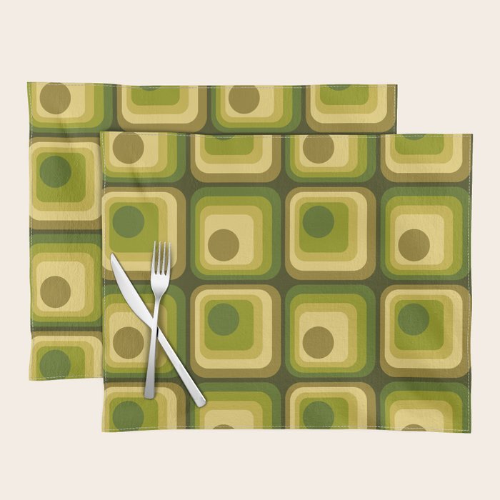 Retro 1970s Style Geometric Pattern in Gold Yellow and Avocado Green. Placemat Gallery Image 1