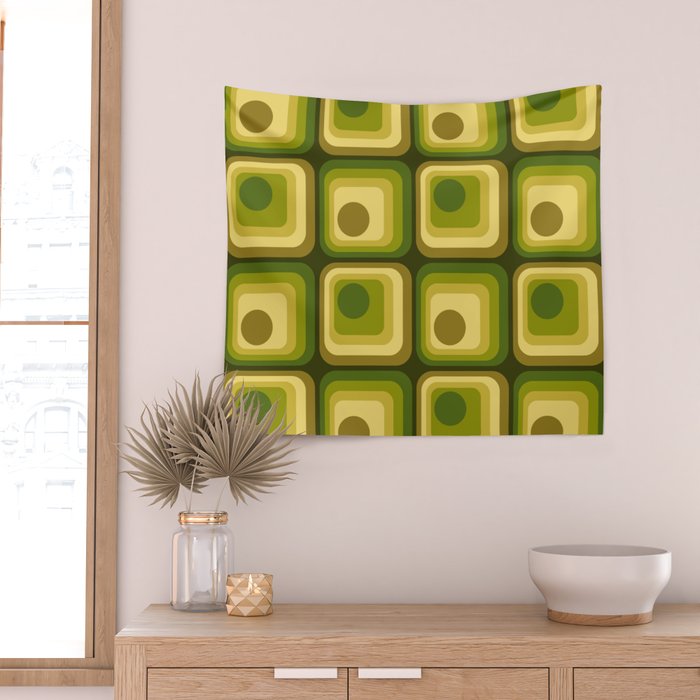Retro 1970s Style Geometric Pattern in Gold Yellow and Avocado Green. Wall Tapestry Gallery Image 2