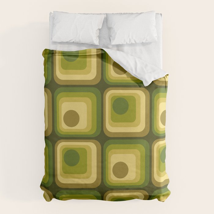 Retro 1970s Style Geometric Pattern in Gold Yellow and Avocado Green. Duvet Cover Gallery Image 1
