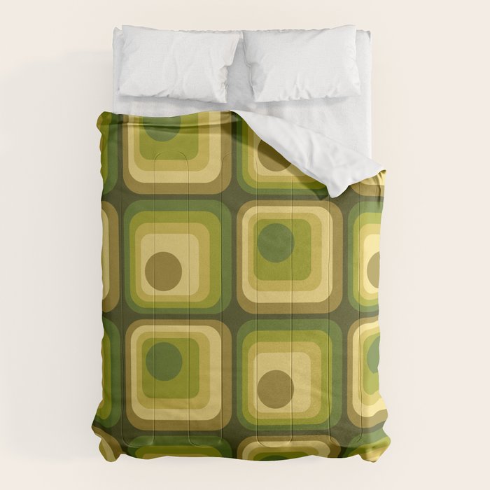 Retro 1970s Style Geometric Pattern in Gold Yellow and Avocado Green. Comforter Gallery Image 6