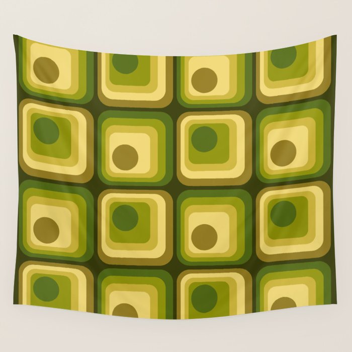 Retro 1970s Style Geometric Pattern in Gold Yellow and Avocado Green. Wall Tapestry Gallery Image 4
