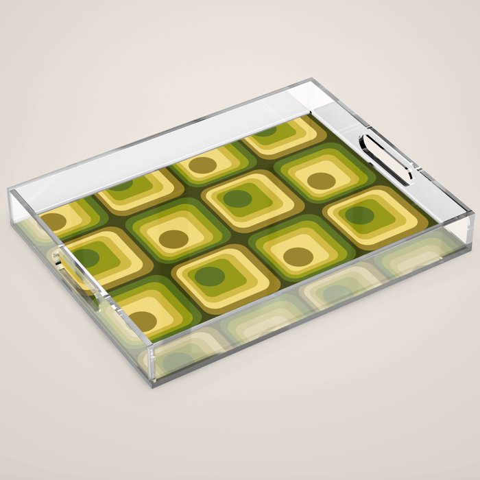 Retro 1970s Style Geometric Pattern in Gold Yellow and Avocado Green. Acrylic Tray Gallery Image 1