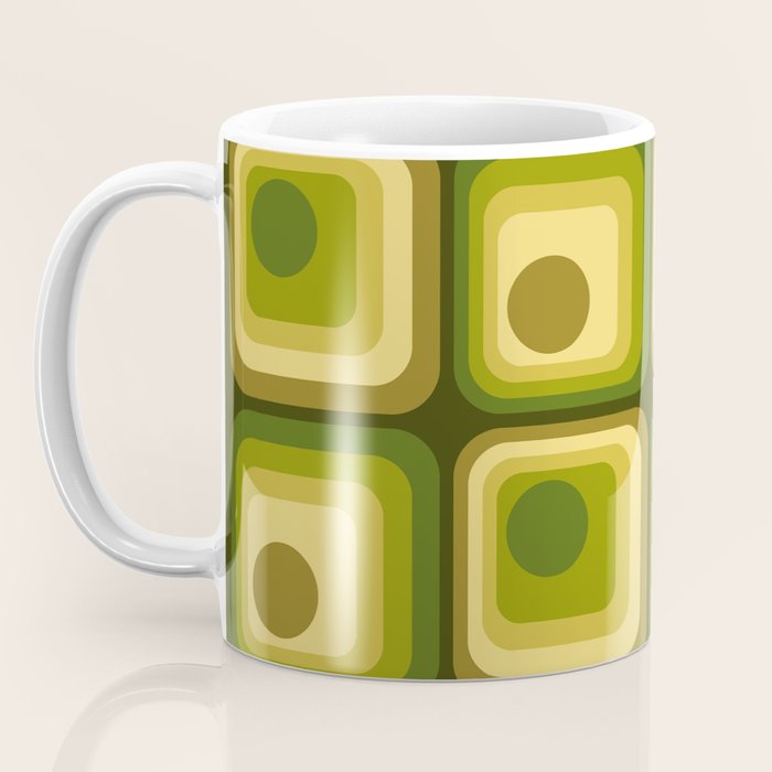 Retro 1970s Style Geometric Pattern in Gold Yellow and Avocado Green. Coffee Mug Gallery Image 3