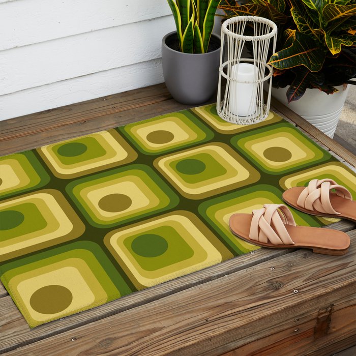 Retro 1970s Style Geometric Pattern in Gold Yellow and Avocado Green. Outdoor Rug Gallery Image 2