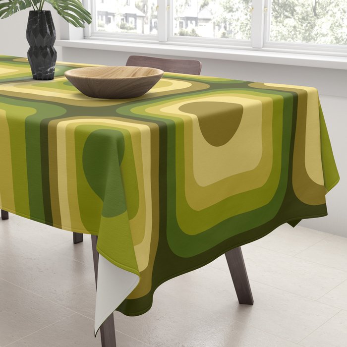 Retro 1970s Style Geometric Pattern in Gold Yellow and Avocado Green. Tablecloth Gallery Image 3