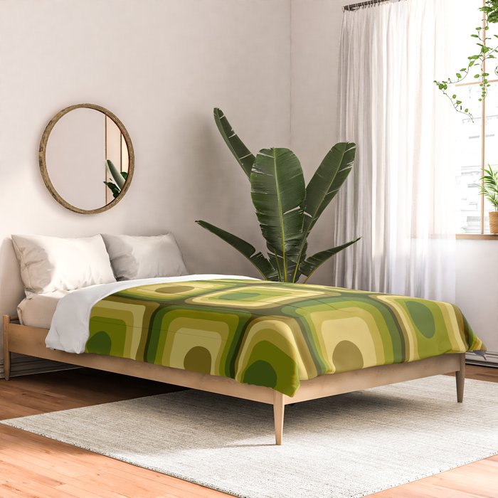 Retro 1970s Style Geometric Pattern in Gold Yellow and Avocado Green. Comforter Gallery Image 2