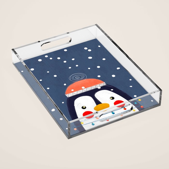 Christmas Penguin with fairy lights no2 Acrylic Tray Gallery Image 1
