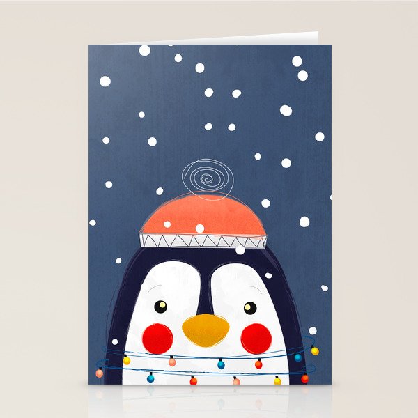 Christmas Penguin with fairy lights no2 Stationery Card Gallery Image 1