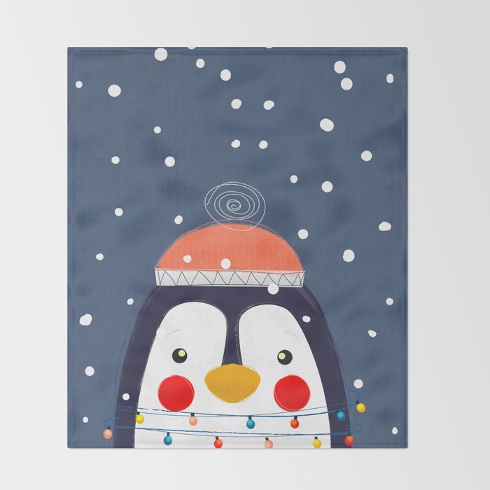 Christmas Penguin with fairy lights no2 Throw Blanket Gallery Image 2