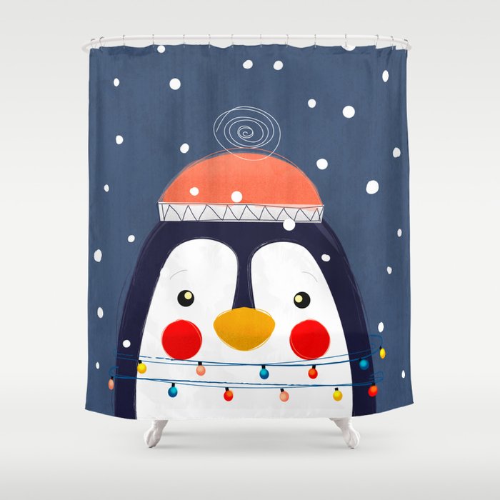 Christmas Penguin with fairy lights no2 Shower Curtain Gallery Image 1