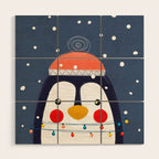 Christmas Penguin with fairy lights no2 Wood Wall Art Gallery Image 1