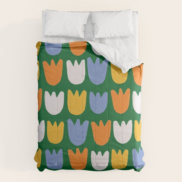 Rows of Tulips in Bloom in Forest Green & Orange Comforter Gallery Image 1