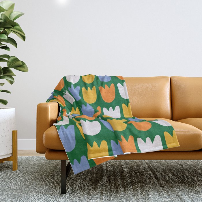 Rows of Tulips in Bloom in Forest Green & Orange Throw Blanket Gallery Image 1