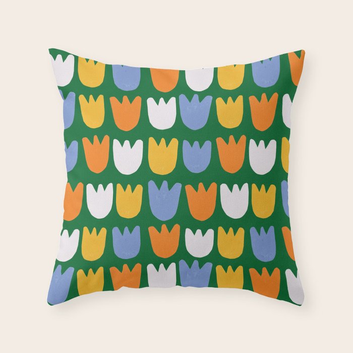 Rows of Tulips in Bloom in Forest Green & Orange Throw Pillow Gallery Image 6