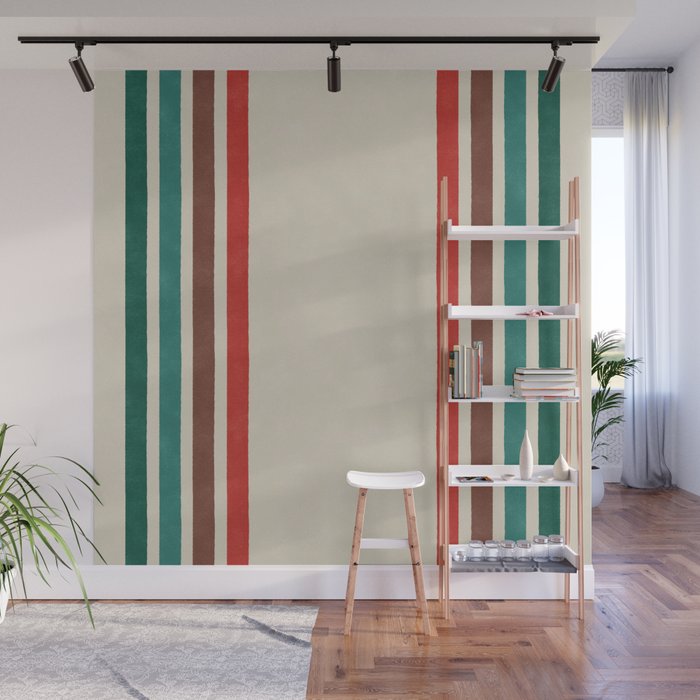 Blanket Stripe - vintage teal, green, brown, and red Wall Mural Gallery Image 1