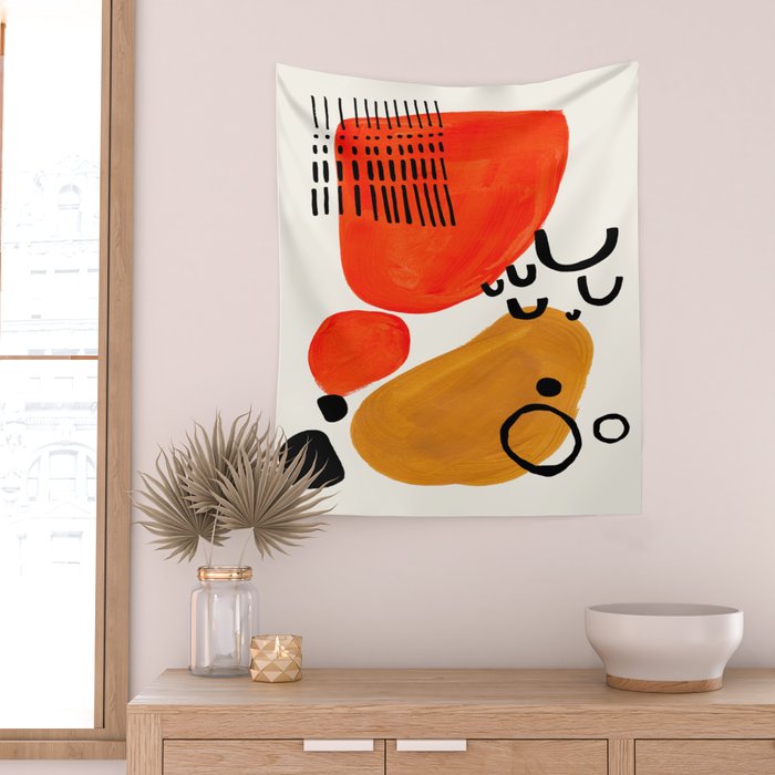 Fun Abstract Minimalist Mid Century Modern Yellow Ochre Orange Organic Shapes & Patterns Wall Tapestry Gallery Image 2