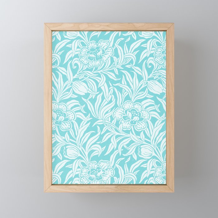 Aqua Turquoise Blue Vintage Floral Botanical Pattern Mini Art Print Gallery Image 1
