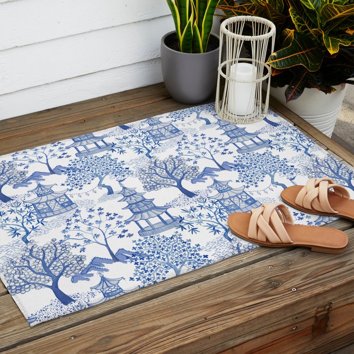 Pagoda Forest Blue and White Outdoor Rug Gallery Image 2
