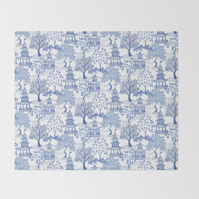 Pagoda Forest Blue and White Throw Blanket Gallery Image 2