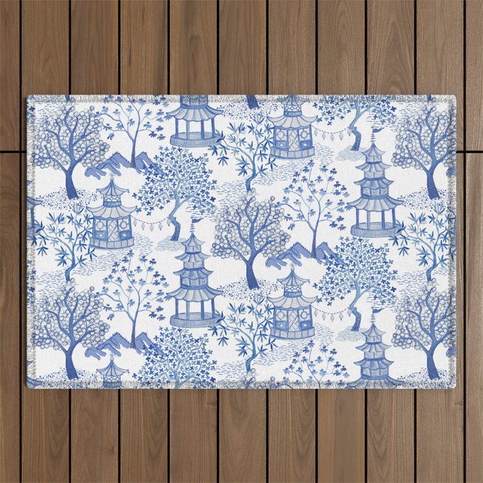 Pagoda Forest Blue and White Outdoor Rug Gallery Image 1