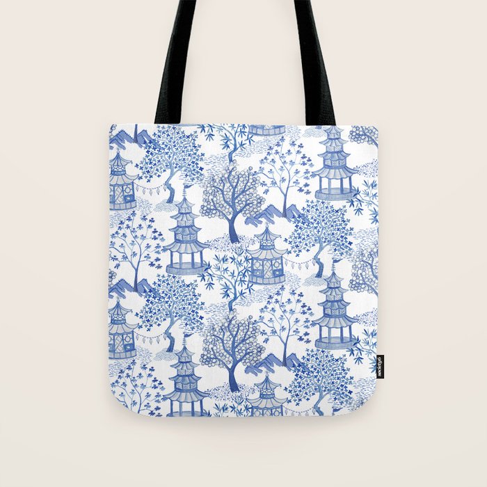 Pagoda Forest Blue and White Tote Bag Gallery Image 1