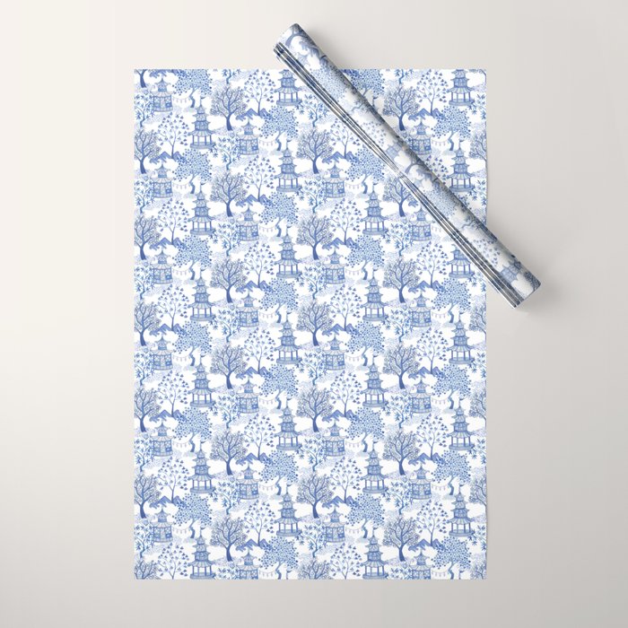 Pagoda Forest Blue and White Wrapping Paper Gallery Image 1