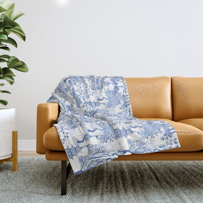 Pagoda Forest Blue and White Throw Blanket Gallery Image 1