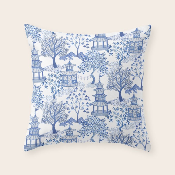 Pagoda Forest Blue and White Throw Pillow Gallery Image 1
