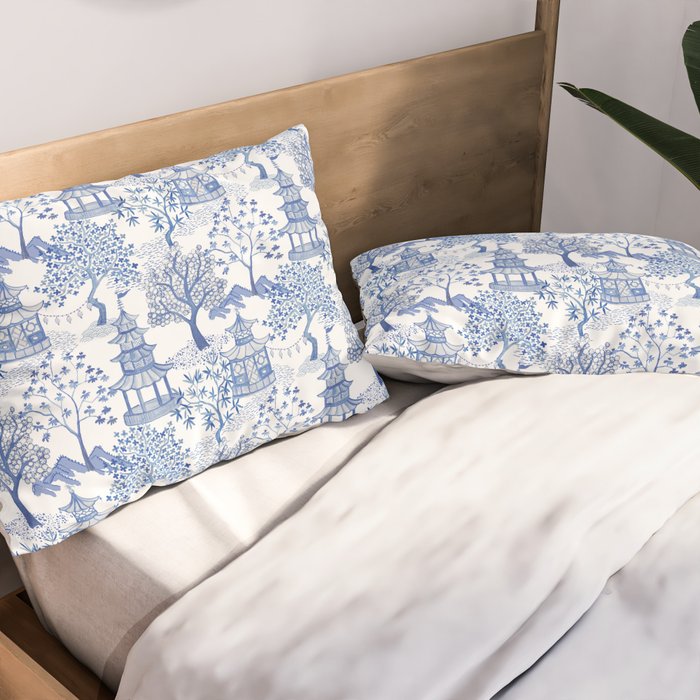 Pagoda Forest Blue and White Pillow Sham Gallery Image 2