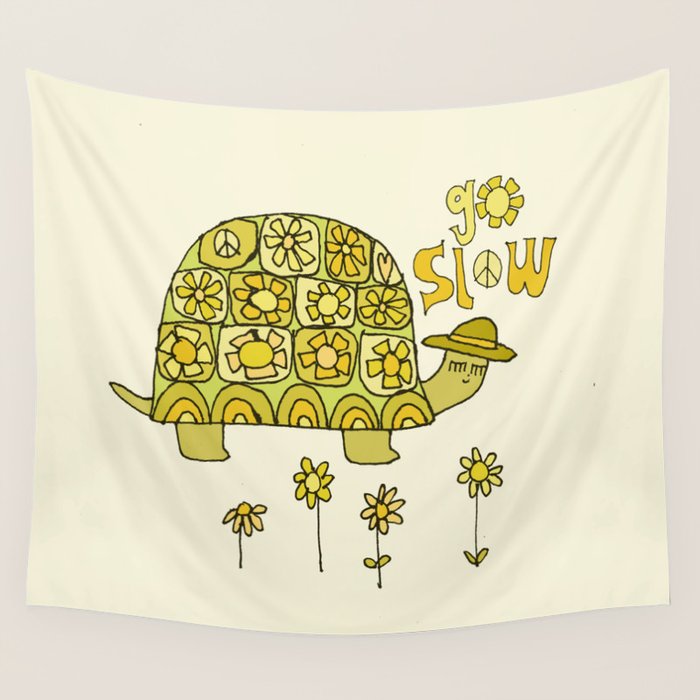 go slow retro turtle // art by surfy birdy Wall Tapestry Gallery Image 1