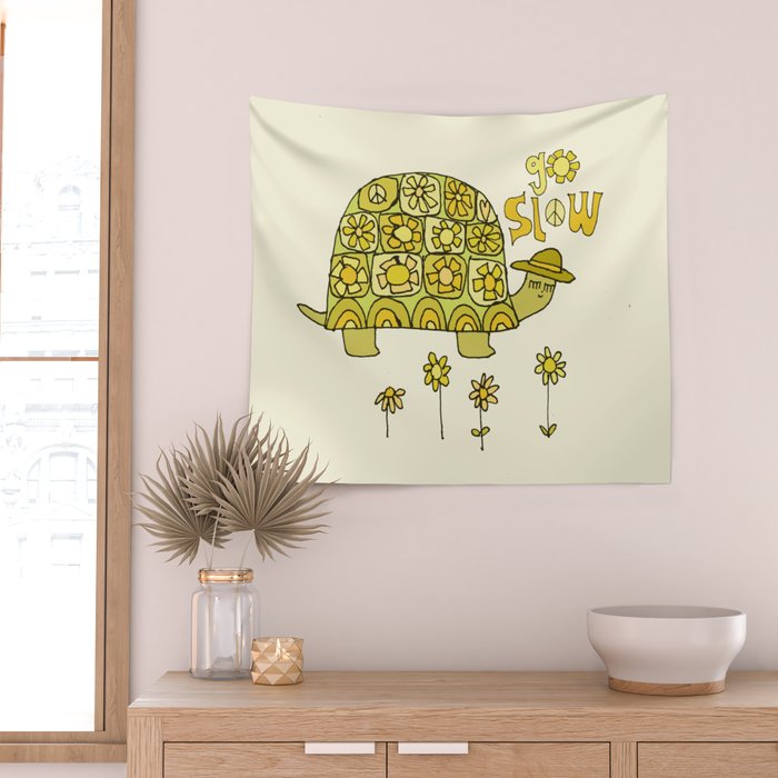 go slow retro turtle // art by surfy birdy Wall Tapestry Gallery Image 2